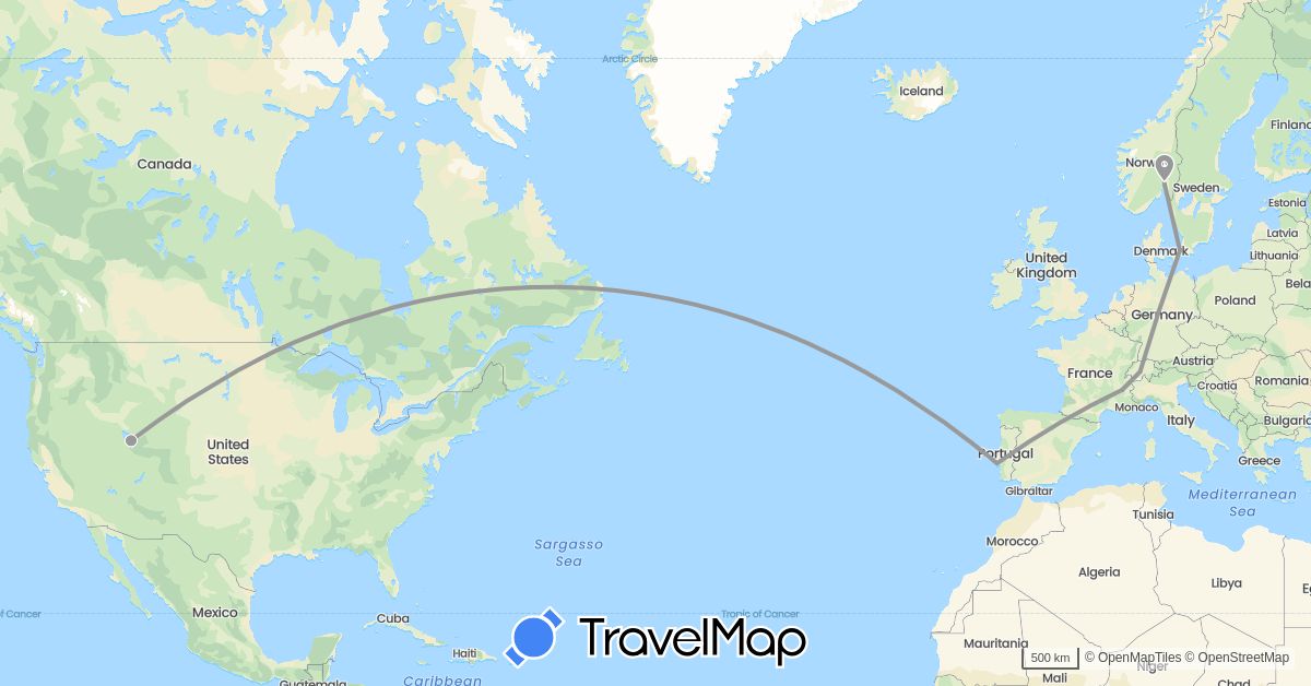 TravelMap itinerary: driving, plane in Switzerland, Denmark, France, Norway, Portugal, United States (Europe, North America)